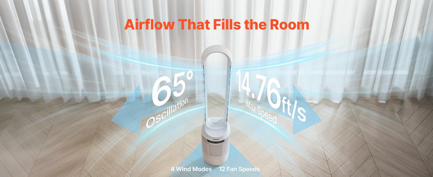 【BackToSchool】VEVOR Bladeless Tower Fan, 65° Oscillating Standing Fan, 12 Speeds & 4 Modes & 8H Timer, 14.76 ft/s High Velocity Floor Air Circulator, Powerful Airflow for Bedroom, Living Room, Home, Office, White
