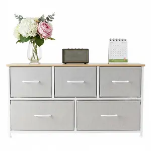 Wide 5-Drawer Fabric Dresser Storage Tower, Organizer Unit with Wood Top & Steel Frame for Bedroom, Living Room, Closet, or Nursery – Available in Pink, Black, Oak, and Light Gray