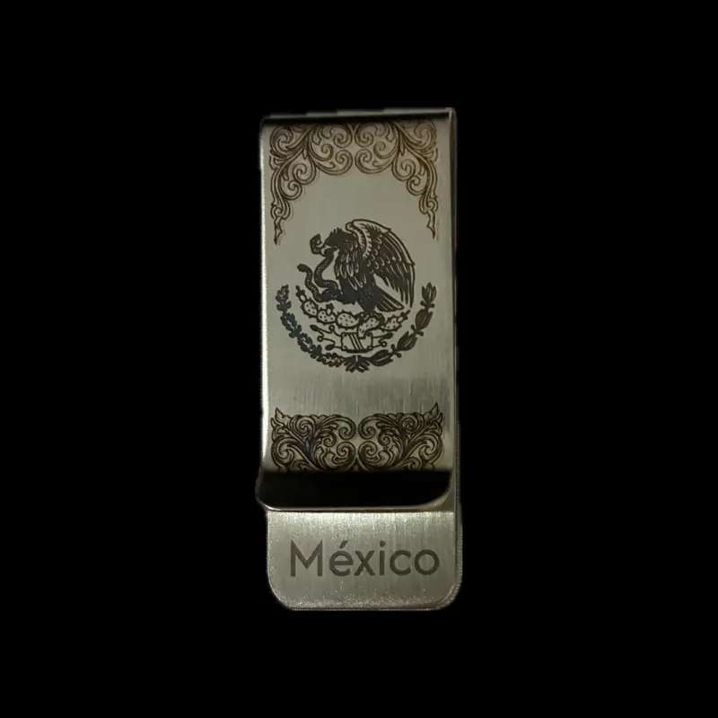 Mexico Inspired Stainless Steel Money Clip with Eagle Emblem and Ornate Design