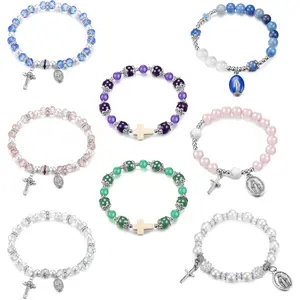 LOLIAS 8Pcs Rosary Beads Catholic Stretch Bracelets for Women Crystal Cross Bracelet with Crucifix Medal
