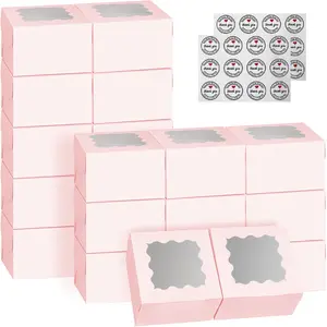 Bakery Boxes with Window, 3.39'x3.39'x2.48', Cookie Boxes, Auto-Popup Treat Boxes for Pies, Muffins, Donuts and Pastries (pink)