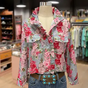 Cherrybetty Vintage Multi Floral Print Neck Corduroy Shirt For Women Going Outfits Blouses 90s Tops Funny Shirts Women Elegant Classy Outdoorfun Womenswear boho women button shirt Long Sleeves Ruffled jacket for Teachers and Moms
