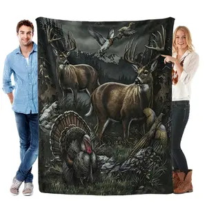 Hunting Blanket Deer Turkey Duck Print Flannel Blanket Soft Warm Rustic Cabin Decor for Hunter Gift Sofa Bed Camping