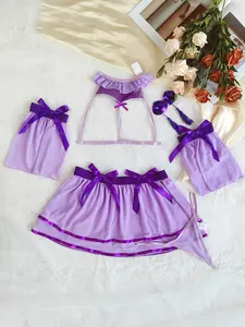 Purple Mist Fairy Y2K Coquette Dreamy Purple Satin Bow Sheer Mesh Frilly Off-Shoulder Babydoll Bralette & Thong Lingerie Set