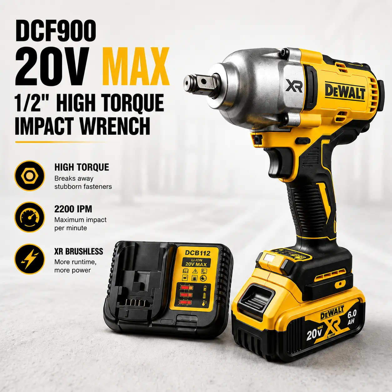 DEWALT DCF900 20V Cordless Brushless Impact Wrench | 3-Speed Control | 2300RPM 2200IPM | 1/2" Drive High Torque Impact Gun for Auto Mechanic & Engineering Jobs