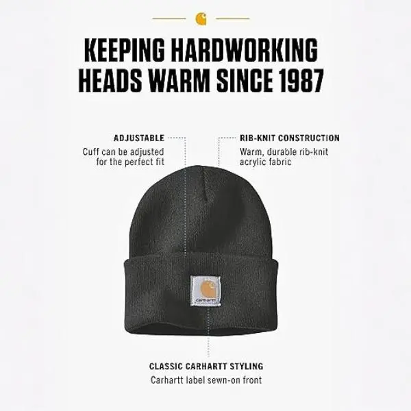 Carhartt Logo Knit Beanie – Unisex Winter Watch Cap, Soft Ribbed Acrylic Cuffed Hat for Men Women, Warm Stretch Fit Outdoor Beanie, Casual Streetwear Essential, Multiple Colors Available