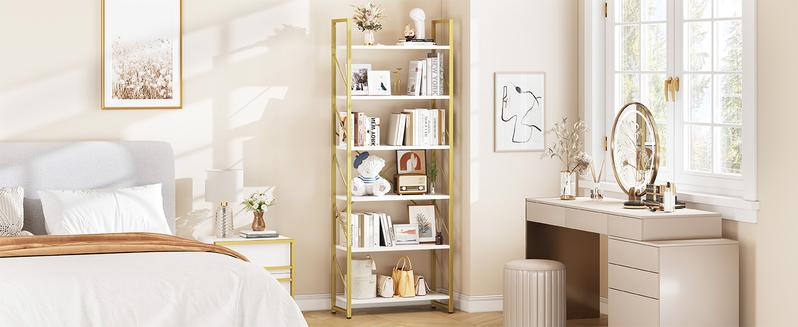 DWVO Tall Bookshelf 6 Tier Bookcase, Modern Gold Book Shelf, Open Display Storage Rack Shelves for Living Room/Home/Office/Kitchen, Holder Organizer for Books/Movies DWVO Tall Bookshelf 6 Tier Bookcase, Modern Gold Book Shelf, Open Display Storage Rack Shelves for Living Room/Home/Office/Kitchen, Holder Organizer for Books/Movies
