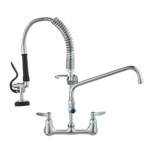 VEVOR Wall-Mounted Brass Kitchen Faucet, 21" Tall, 8" Installation Width, Includes 12" Rotating Spout and Pull-Down Sprayer, Suitable for Single, Double, or Triple Sinks
