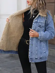 Women's Fall Winter Casual Jacket, Elegant Solid Color Stand Collar Thick Warm Denim Coat, Versatile Outerwear for Women