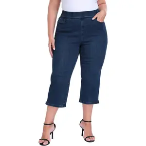 Women's Plus Size Pull On Crop Capri Jeans Tummy Control 21" Inseam Elastic High Waist Stretch Denim Capris with Pockets