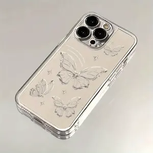Elegant Silver Hollow Butterfly Magnetic MagSafe Phone Case, Minimalist Shiny Star Transparent Shockproof Protective Cover for iPhone 17/16/15/14/13/12/11/XS/XR/X/8/7/6S Mini/Plus/Pro/Pro Max/SE & Samsung Galaxy S25/S24/S23/S22 Ultra