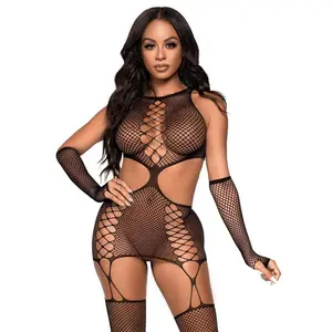 Leg Avenue Net Cut-Out Faux Lace Up Garter Dress with Attached Backseam Stockings and Matching Gloves