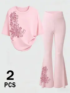Y2K Floral Print 2-Piece Set, Oversized Tee & Flare Pants, Coquette Aesthetic, Slim-Fitting, Casual Streetwear, Daily Wear