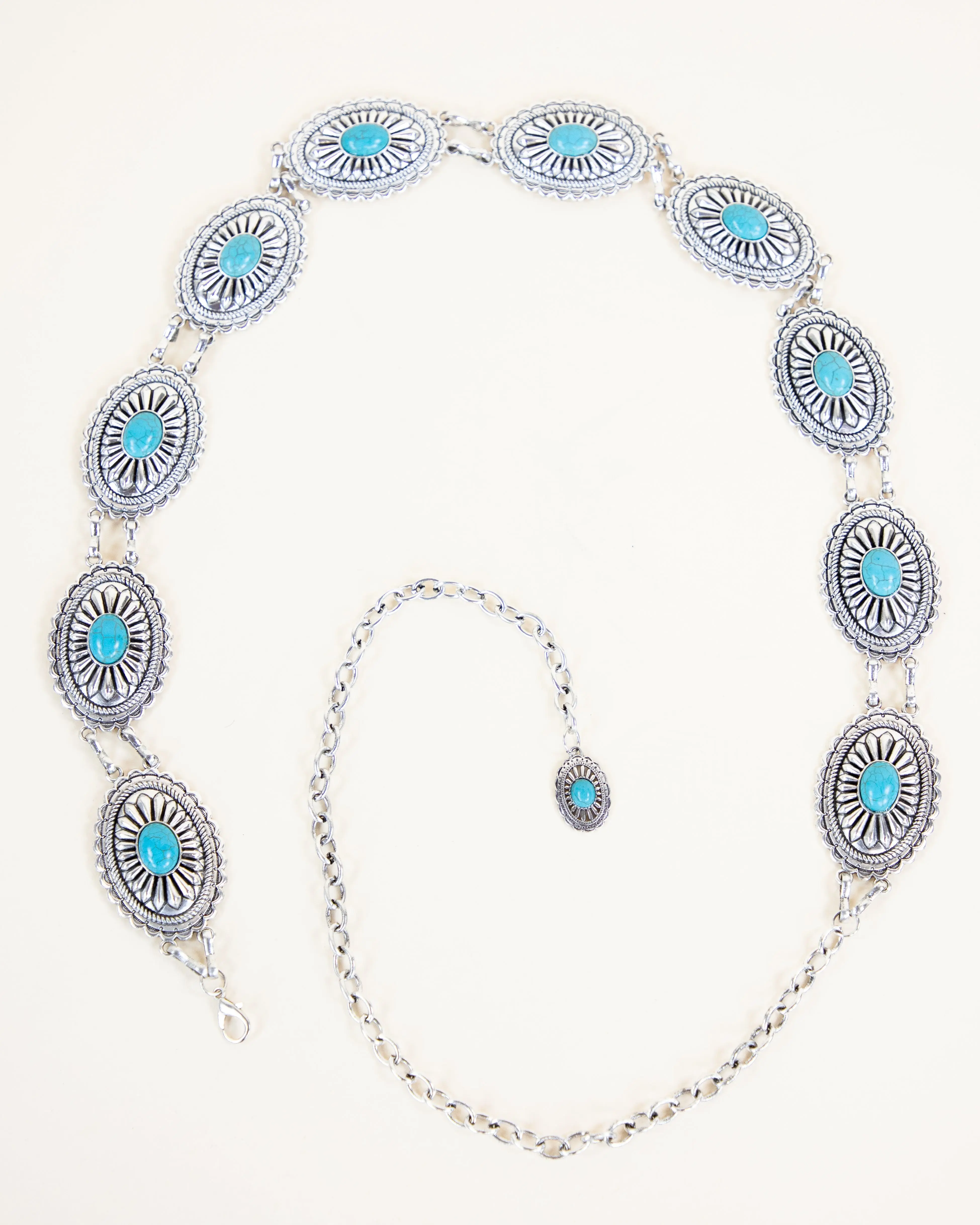 Oval Silver Metal Turquoise Concho Chain Belt - TURQUOISE  (Pack of 6)