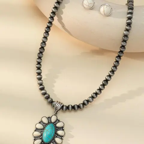 Vintage Turquoise Texture Decor Necklace & Earrings, Boho Style Jewelry Set for Women, Fashion Accessories for Party, Daily Clothing Decor