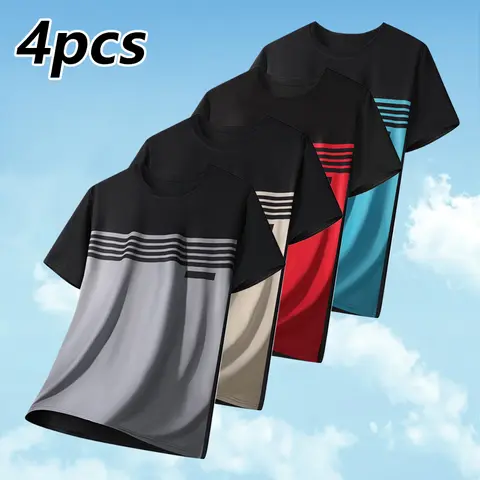 Men's Casual Crew Neck Short-Sleeve T-Shirt - Quick Dry, Fitted Cut, Color Blocked Zigzag Print, Breathable Polyester Fabric, Bold Glossy Look, Color-Block Glossy Quick Dry Mens Casual Tops, Color-Block Glossy Men's Short-Sleeve T-Shirts, Quick Dry Men's