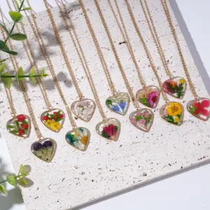 Gold Birth Month Flower Necklace,Real Dried Flower Round/Heart Necklace for Birthday,Vaentine's Day Gifts