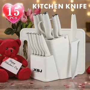 15 Pcs Kitchen Block Knife Set withBlock,Sharpener, Heavy Poultry Shears and 6pcsSerrated Steak Knives Razor-Sharp, Anti-SlipHandle  Steel Stainless Steel Premium Knife Set with Sharpener German. Kitchenware Storage Cutting Box ， Wooden