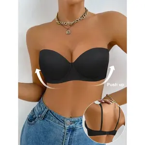 Black Glossy Push-Up Bra Bandeau Style with Detachable Straps Lifting And Shaping Bust Design Breathable Aesthetically Back Line Suitable For Everyday Wear