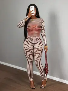 Women's Zebra Print Mesh 2PCS Set | Sheer Long Sleeve Top & Tight Pants | Sexy Streetwear Festival Party Vacation Outfit