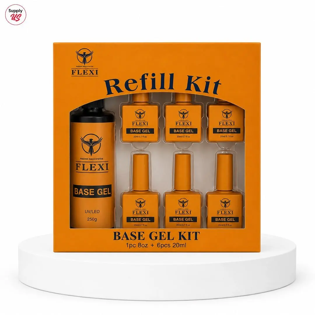 Phoenix Flexi Gel Super Base Nail Care Kit - HEMA-TPO Free, 8oz Base with Free 6x0.7oz Polish for Smooth, Durable Manicures