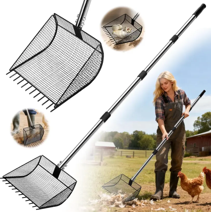 Chicken Poop Scooper for Sand - 2-in-1 Rake & Sifting Shovel with Adjustable Stainless Steel Handle (36"-62"), Farm Poultry Coop Litter Cleaning Tool, Adjustable Handle