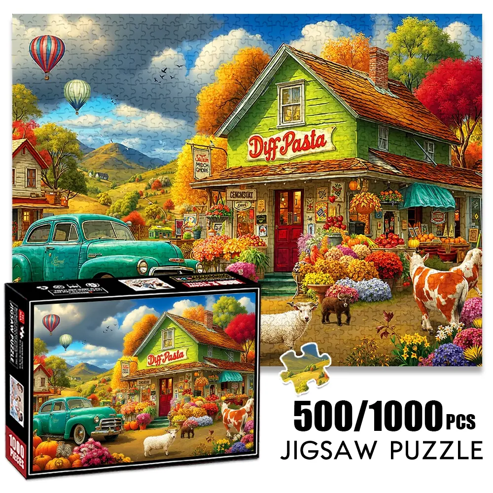 1pc 1000 piece adult puzzle 70x50cm Vintage Car in Front of Diff Pasta Store with Autumn Scenery, Balloons and Animals 500 pieces paper jigsaw puzzle suitable for DIY creative games for adults and