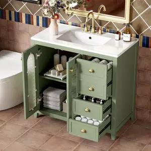 36-inch bathroom vanity with two soft close doors, adjustable shelves and three drawers