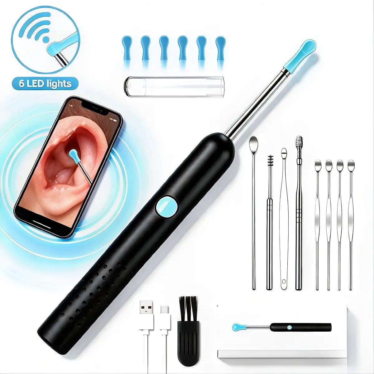 1080P HD WiFi Visual Earwax Removal Kit, Wireless Smart Ear Spoon, Portable Design, IP67 Washable Lens, Photo Recording Function, for Family Use, Earwax Removal Kit With Camera, Personal Care, Digital Ear Camera Manual Earwax Removal Tools