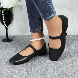 Women's Comfortable Mary Jane Ballet Flats Classic Lightweight Square Closed Toe Non-slip Leather Footwear with Adjustable Strap Plain Girl Ballerina Casual Dressy Walking Shoes for Work Commuter Business
