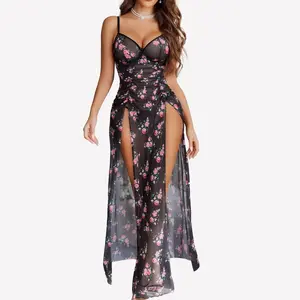 Avidlove Nightgown for Women Mesh Floral Slit Pleated Lingerie with Underwire V Neck Long Dress