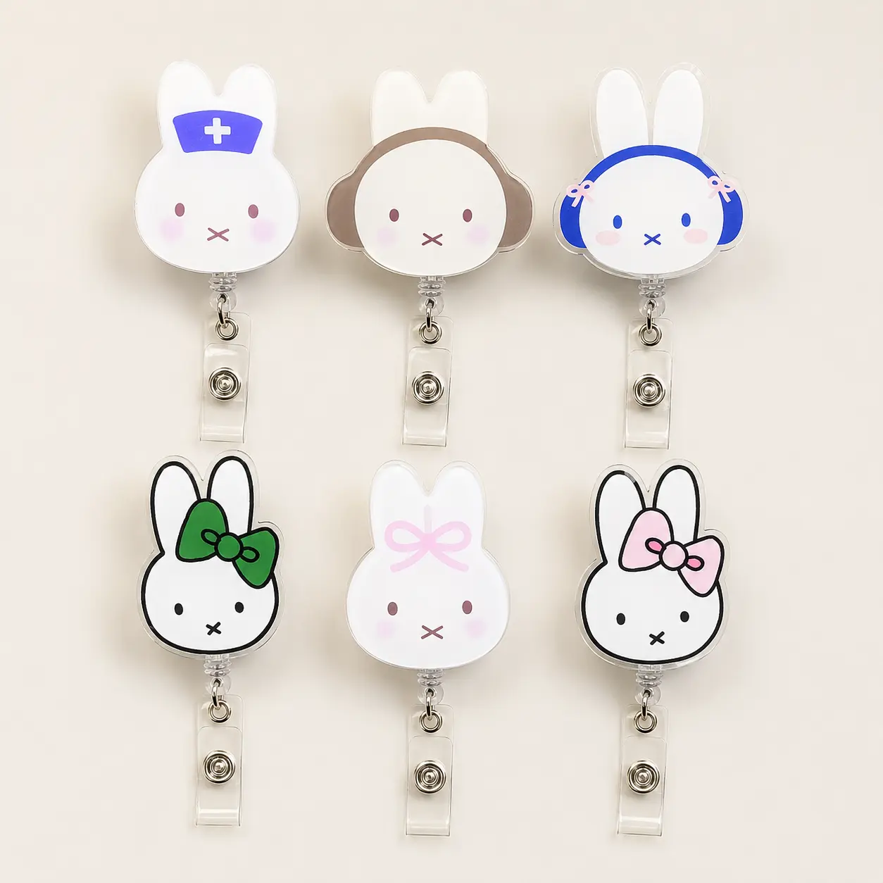 Nurse Rabbit Badge Reel, Aesthetic Bunny ID Holder, Cute Retractable Name Tag for Office Staff