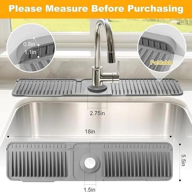 [TikTokShopBlackFriday] 24 Inch Silicone Faucet Mat for Kitchen & Bathroom Sink Splash Guard - 6 Slope Water Draining Mat with Fasten Button for Bathroom Area -Gray