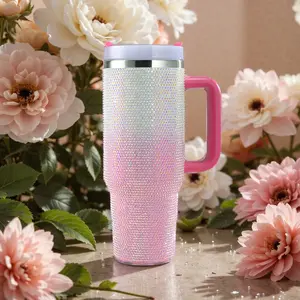 40 Oz Gradient Stainless Steel Car Cup Tumbler, with Handle and Diamond Decoration, Vacuum Insulated, Includes Straw