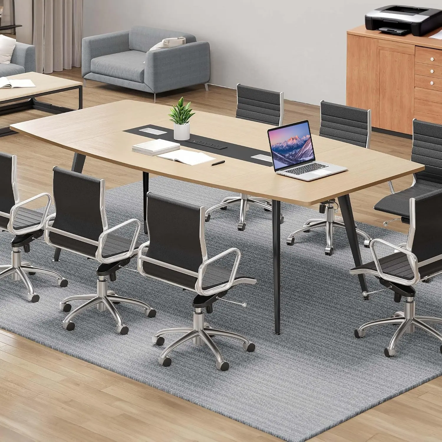 YITAHOME  70.8" Boat Shaped Conference Table, 6FT Meeting Table, Light Wood | 70.8" Boat Shaped Meeting Table with Power Outlets & Rectangle Grommet, Modern Seminar Desk for Office Conference Room