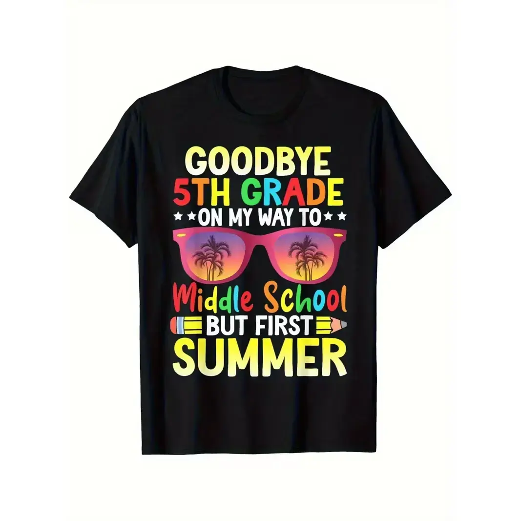 5th Grade Graduation to Middle School & Hello Summer Graphic T-Shirt - Breathable Moisture-Wicking Fabric, Casual Streetwear Crew Neck Short Sleeve Tee with Vibrant Geometric Print for Scho