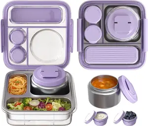 Stainless Steel Bento Lunch Box for Kids Adults with 8oz Insulated Food Jar, Leak-proof, Dishwasher-Safe, Transparent Lid with Sauce Cup and Cutlery Storage for School & Travel,BPA-Free