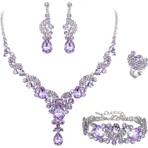 Rhinestone Crystal Bridal Floral Wave Teardrop Necklace Earrings Set