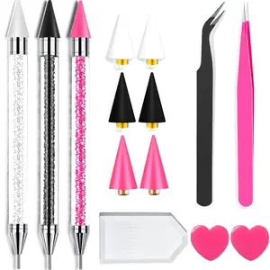 14 Pcs Rhinestone Picker Tool - 3 Pcs Dual-head Pens with 6 Wax Tips, Useful Clay, Precision Curved and Straight Tweezers Kit for Picking Up Nail Art Gems, Stones, Crystals, and Nail Charms