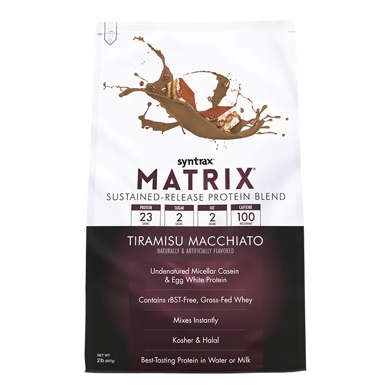 Syntrax Nutrition Matrix, Sustained-Release Protein Blend Tiramisu Macchiato 2 lbs Undenatured Micellar Casein & Whey Blend for Easy Mixing