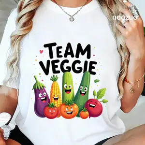 100% Cotton Unisex Team Veggie Playful Vegetable Characters Art T-Shirt Casual Top
