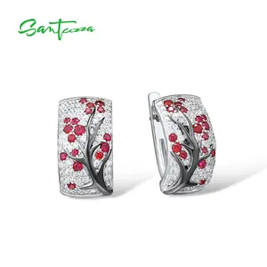 SANTUZZA Lab Created Ruby White Cubic Zirconia 925 Silver Earrings Delicate Jewelry