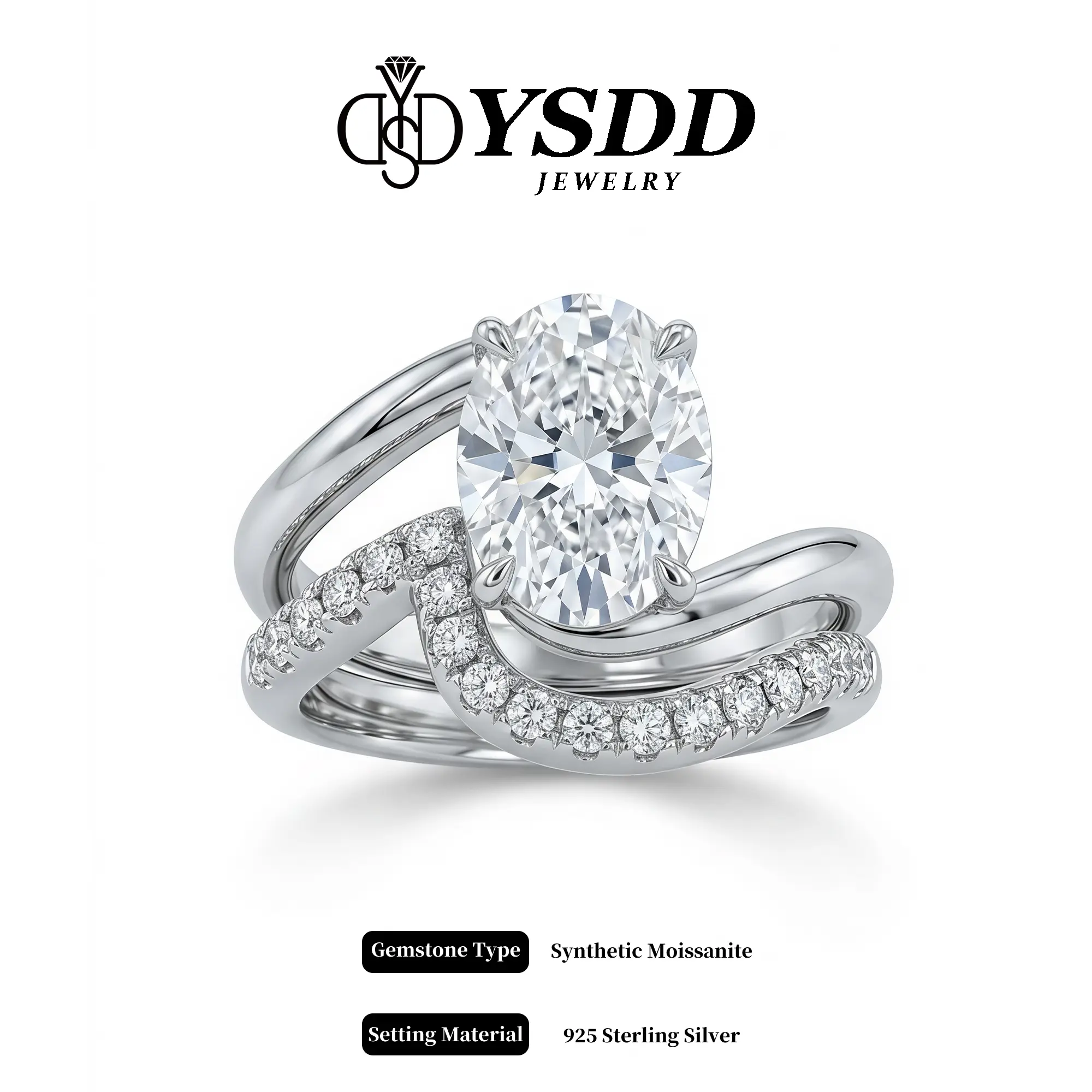 【#712】Elegant 2CT Oval Engagement Ring with Wedding Band vvs Synthetic Moissanite Rings in 925 Sterling Silver