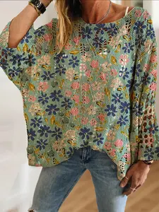 Women's Boho Floral Print Knit Top, Loose Fit Batwing Shoulder Design, Casual Elegant Vacation Style, Comfortable Breathable Sweater, Bohemian Long Sleeve, Womenswear