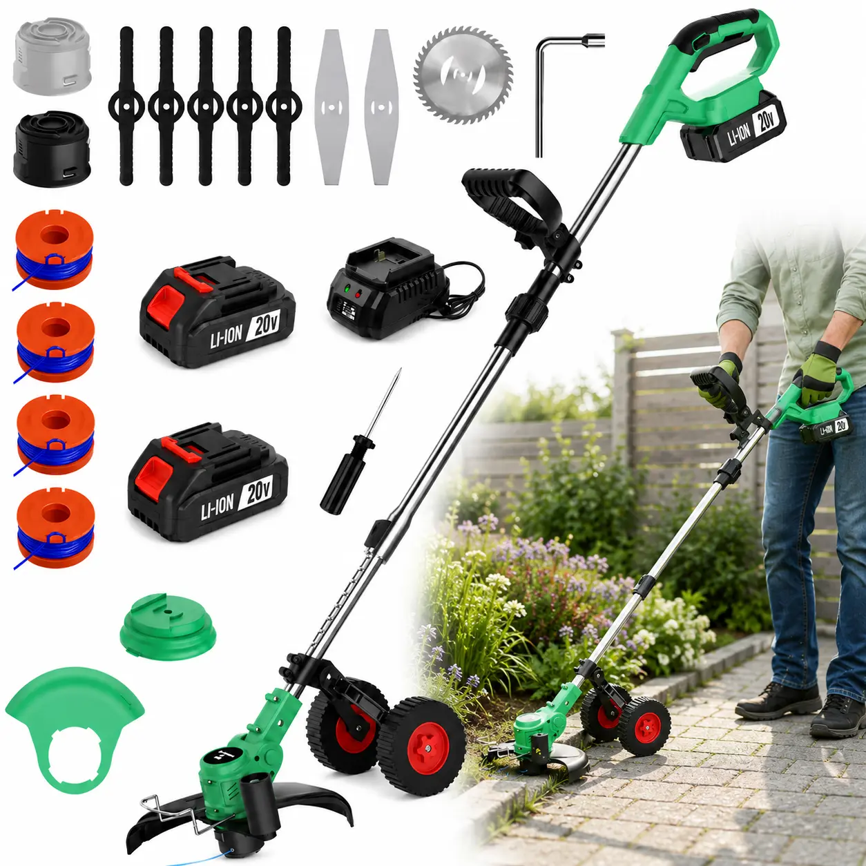 20V Cordless String Trimmer & Lawn Edger with Wheels, 2x2.0Ah Batteries & Charger, Lightweight Battery-Powered Weed Wacker with Auto Line Feed, Nylon Line, Metal/Plastic Blades, Saw Blade for Lawn & Yard Tools