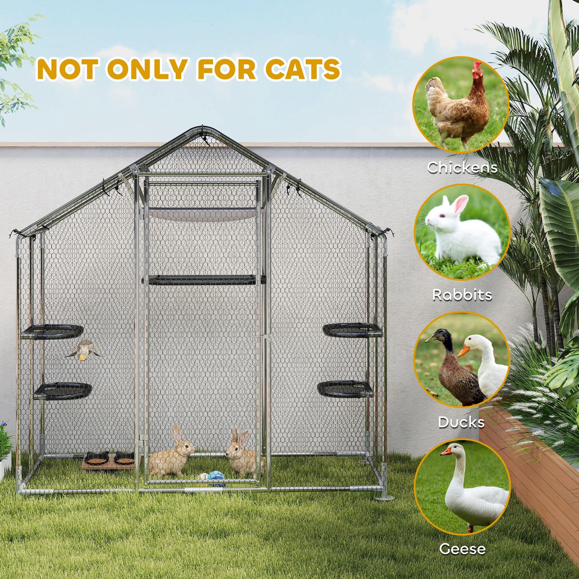 Large Catio Outdoor Cat Enclosure, Galvanized Steel Walk-in Cat Patio for Multiple Kittens, Outdoor Kitty Cage with Waterproof Cover, 5 Adjustable Platforms, Hammock, Chicken Coop Pointed Roof Large Catio Outdoor Cat Enclosure, Galvanized Steel Walk-in Cat Patio for Multiple Kittens, Outdoor Kitty Cage with Waterproof Cover, 5 Adjustable Platforms, Hammock, Chicken Coop Pointed Roof