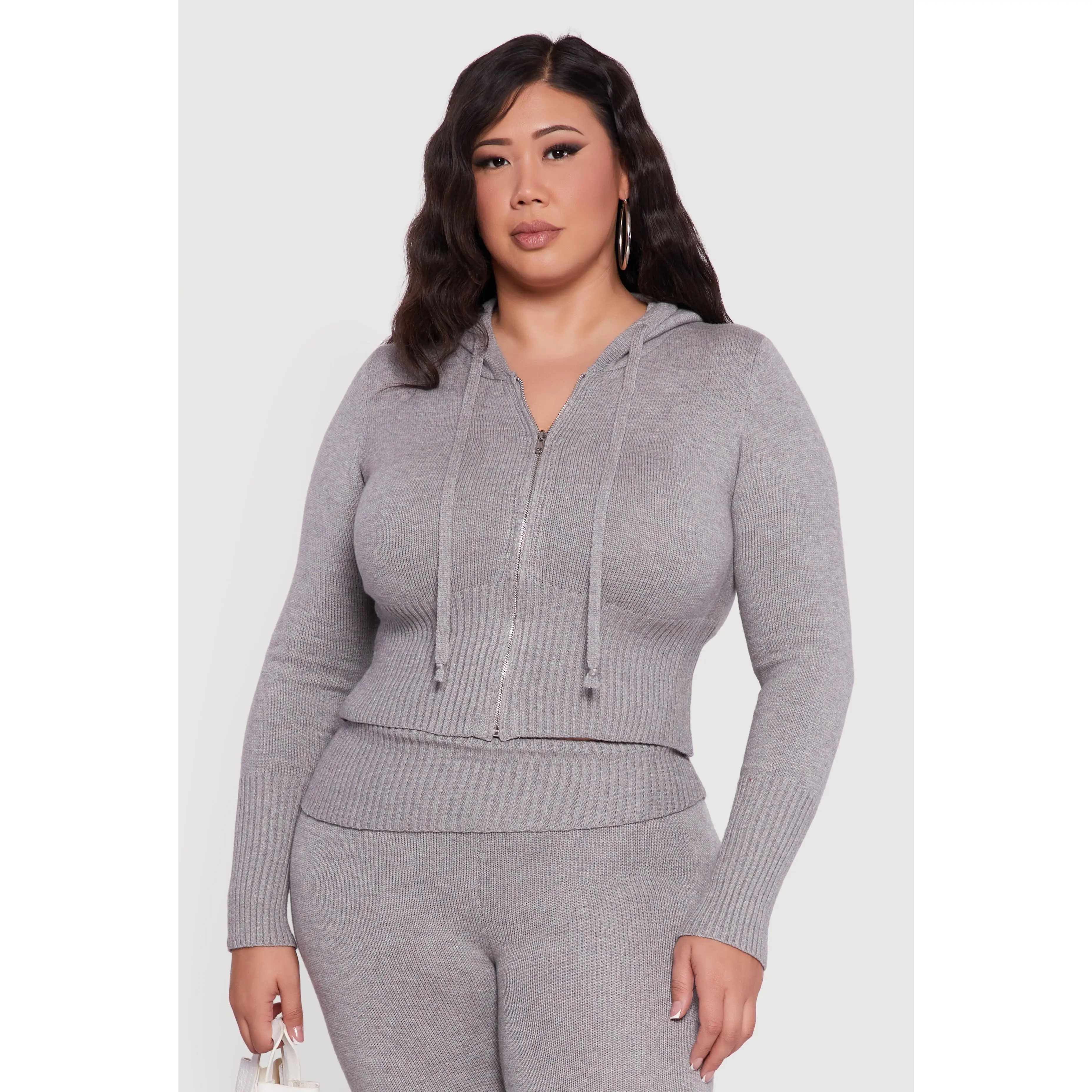 Plus Size Zip Front Hooded Ribbed Knit Cropped Sweater