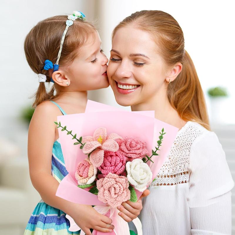 Handmade Crochet Sunflowers Rose Daisy as a  for Lover, Family,Friends. Crochet Bouquet, Crocheted Yarn , Artificial Flower Finished Bouquet (Pink)