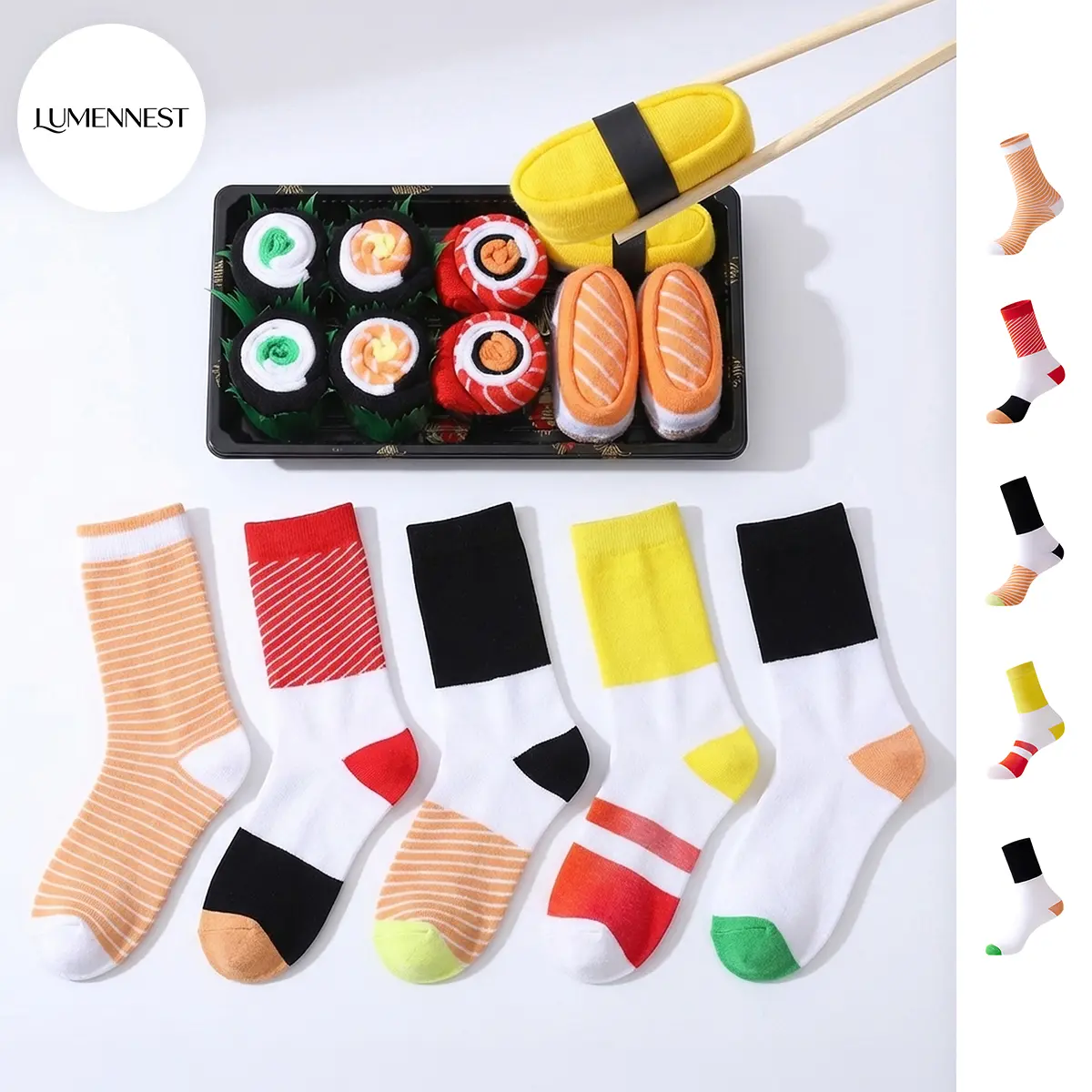 LUMENNEST Women's Novelty Multipack Sushi Socks Gift Set, Cozy 5-Pack Breathable Mid-Calf Socks, Soft Hosiery for Lady Daily Wear