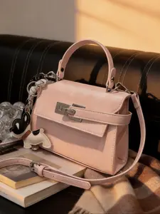 Mini Kelly Bag Oil Wax Leather Texture, Flap Crossbody Purse, Metal Lock Buckle, Handheld/shoulder Strap, Includes Dog Charm, Fits Phone Lipstick